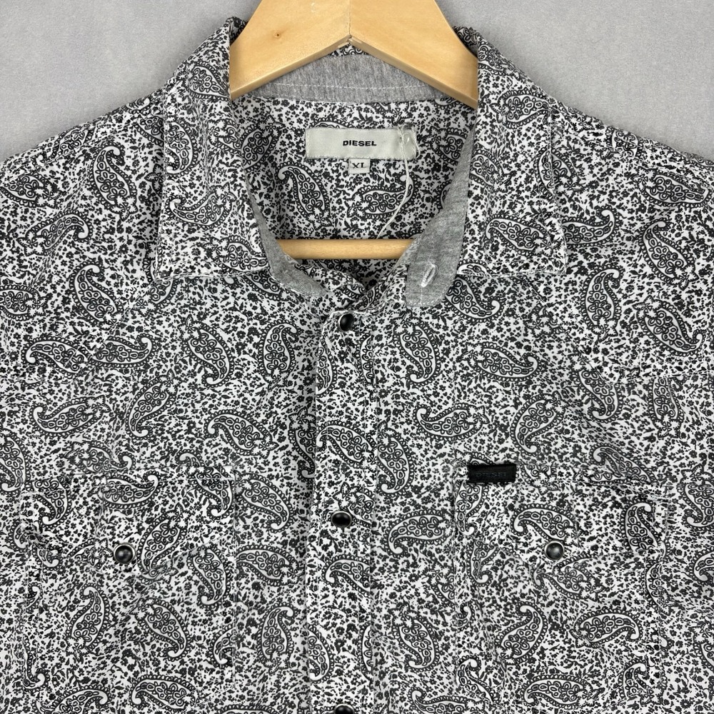 Diesel Pearl Snap Shirt Men’s XL White Black Paisley Short Sleeve Western Rodeo